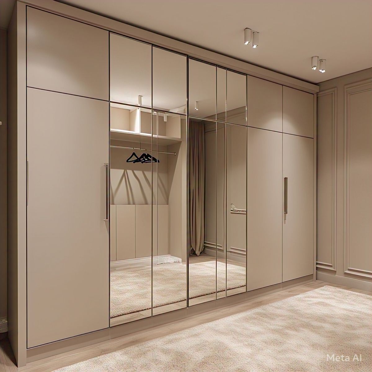 Aynalı Duvar Detaylı Beyaz Gardırop