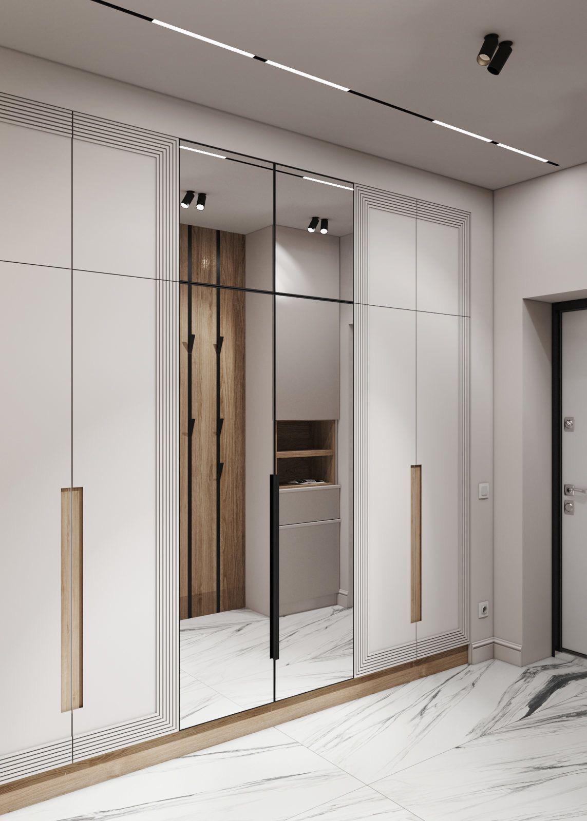 Aynalı Duvar Detaylı Beyaz Gardırop